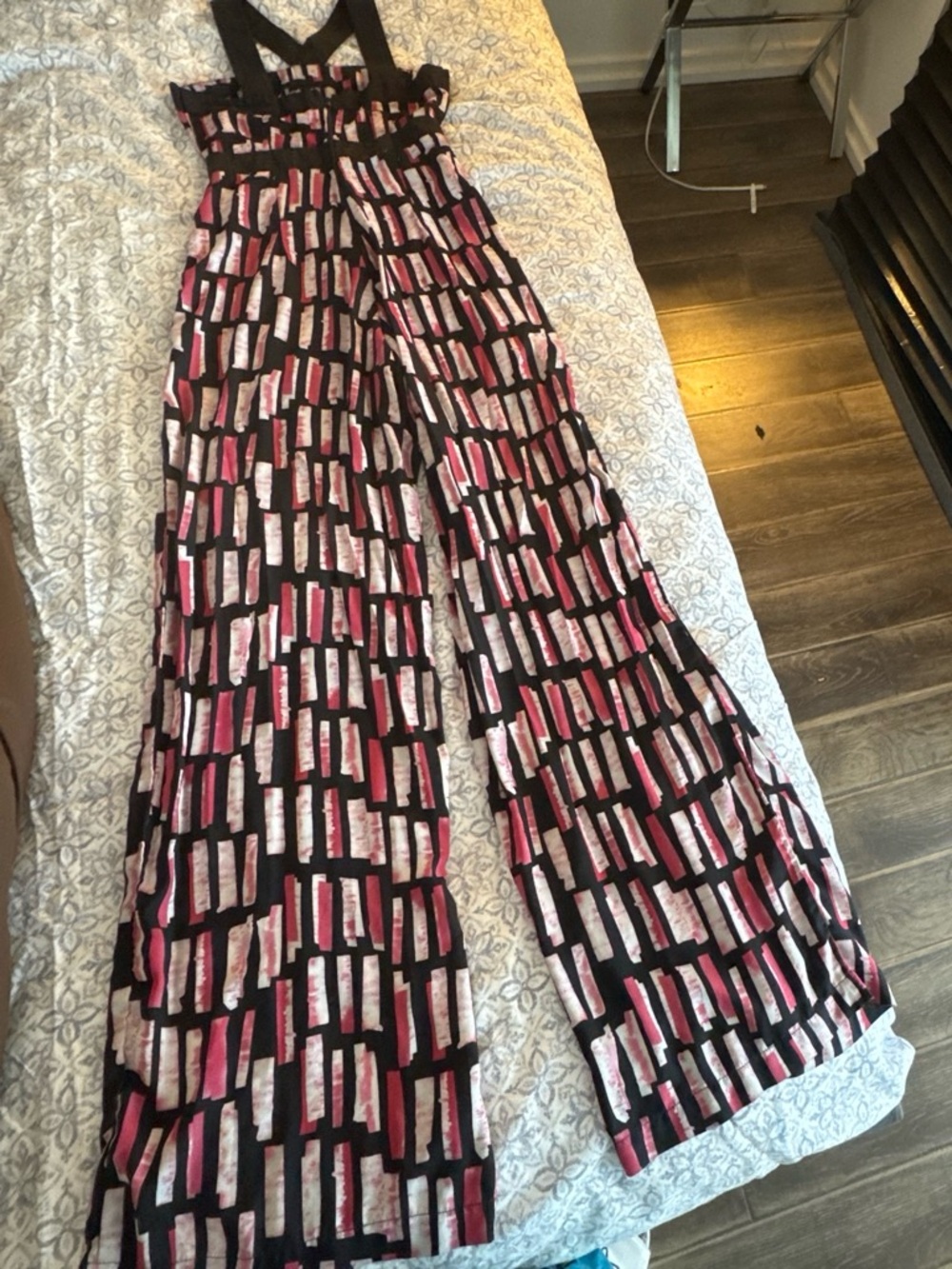 Women’s Black Geometric Print Jumpsuit with Pink Accents